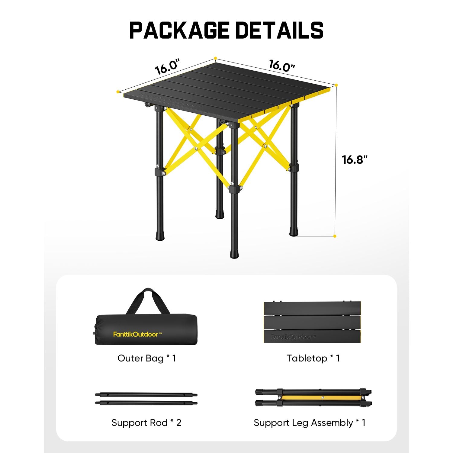 FanttikOutdoor Zeta V11 Pro Camping Table with dimensions and package contents on a white background