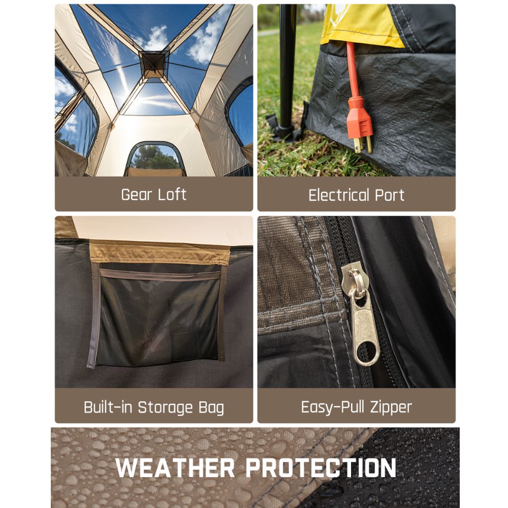 FanttikOutdoor Zeta C8 Pro tent features: Gear Loft, Electrical Port, Storage Bag, Zipper, and Weather Protection.
