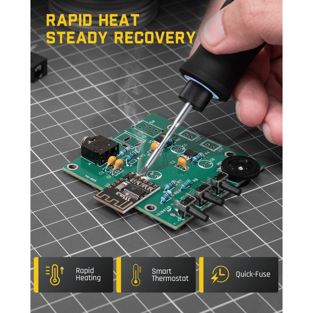 C210 soldering iron tip soldering a circuit board with rapid heat recovery