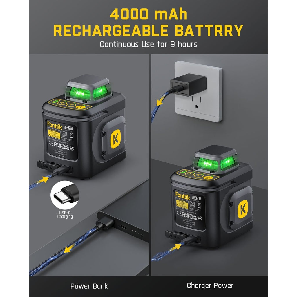 Fanttik D5 laser level charging via USB-C to power bank and wall charger, with 4000 mAh battery for 9 hours of use.