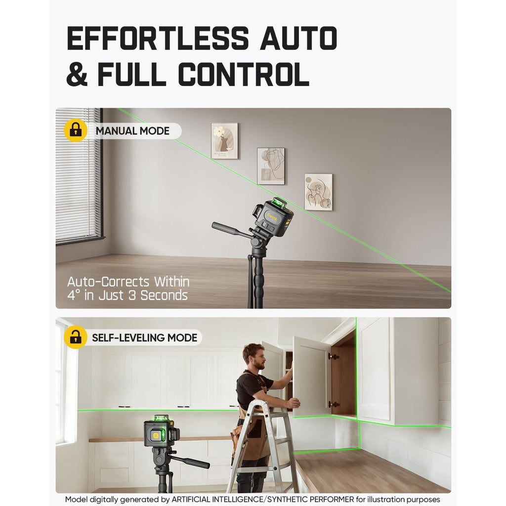 Fanttik D12 Ace laser level. Shows manual and self-leveling modes projecting green lines. Ideal for room and kitchen projects.