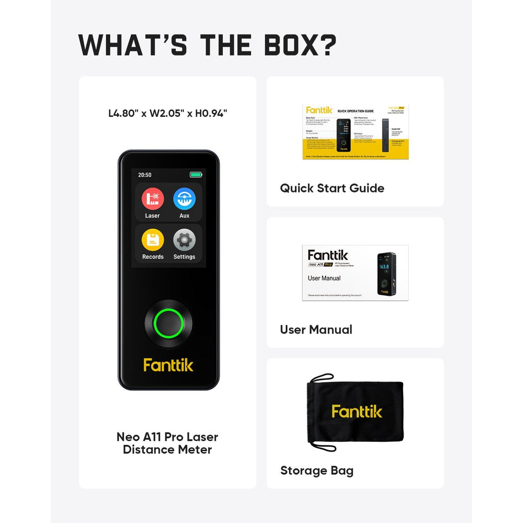 Fanttik Neo A11 Pro Laser Distance Meter packaging with components listed.
