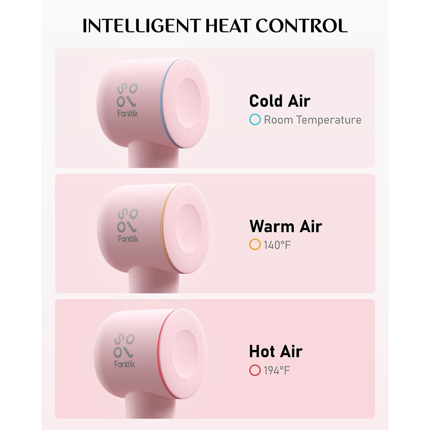 FanttikSolo H10 PRO hair dryer intelligent heat control: cold air, warm 140°F, hot 194°F.