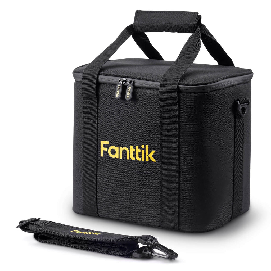Fanttik carrying bag for X9 Ultra tire inflator, black, with yellow logo, handles, and shoulder strap.