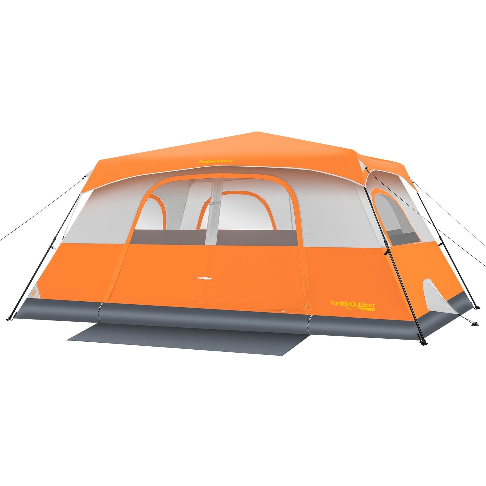 FanttikOutdoor Zeta C10 Pro 10-person camping tent in orange with mesh windows and reflective guy lines.