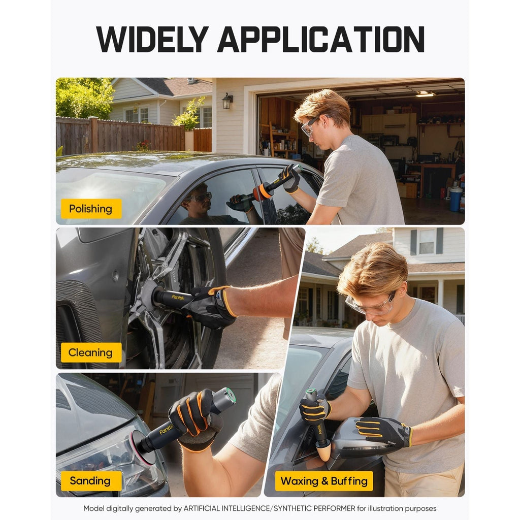Person using car compact polisher with text 'Widely Application' at the top.