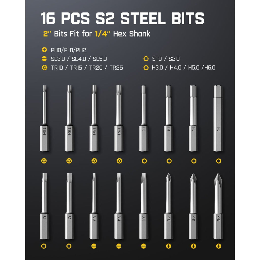 Fanttik 16-piece S2 steel bits set with 2" length and 1/4" hex shank for electric screwdriver.