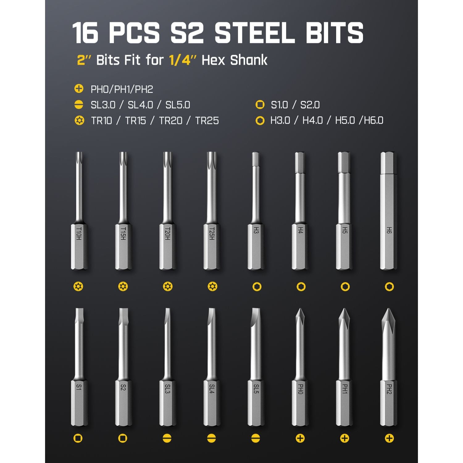 Fanttik 16-piece S2 steel bits set with 2" length and 1/4" hex shank for electric screwdriver.