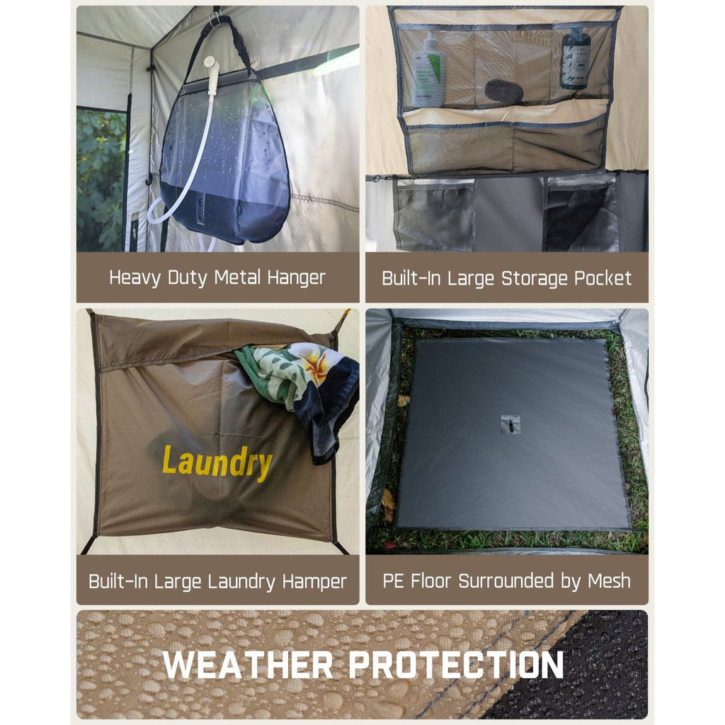 Shower tent features: metal hanger, storage pockets, laundry hamper, PE floor, and weather protection.