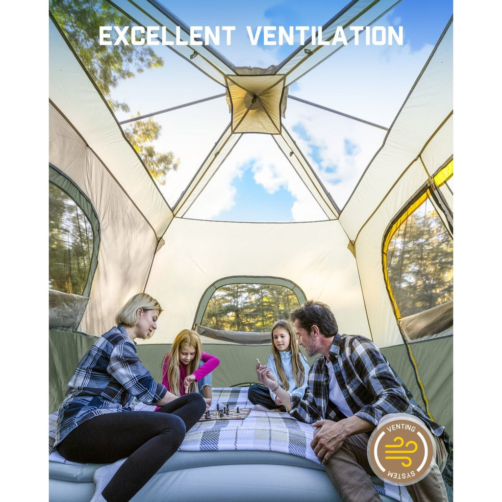 Family playing chess inside FanttikOutdoor Zeta C8 Pro camping tent with excellent ventilation.