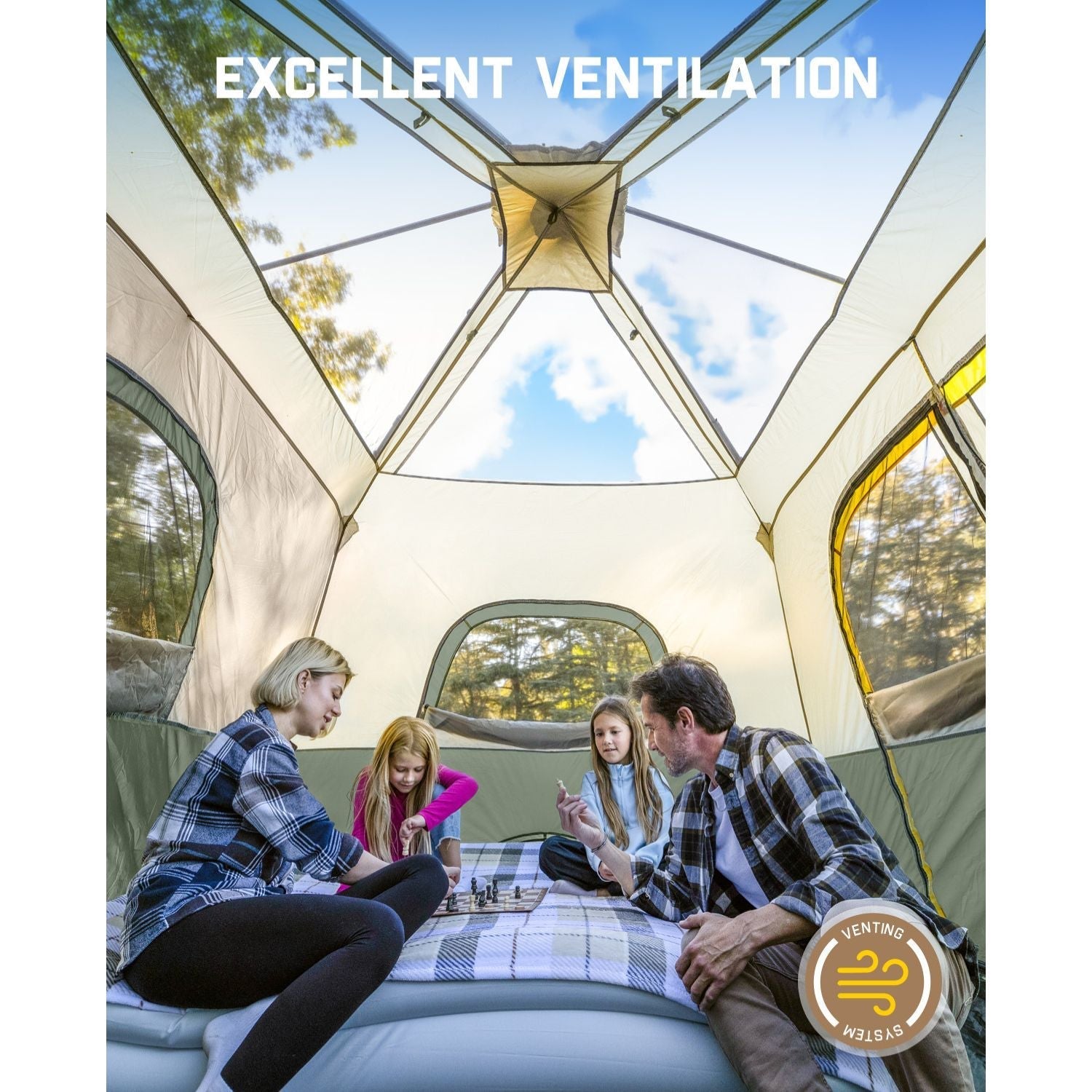 Family playing chess inside FanttikOutdoor Zeta C8 Pro camping tent with excellent ventilation.