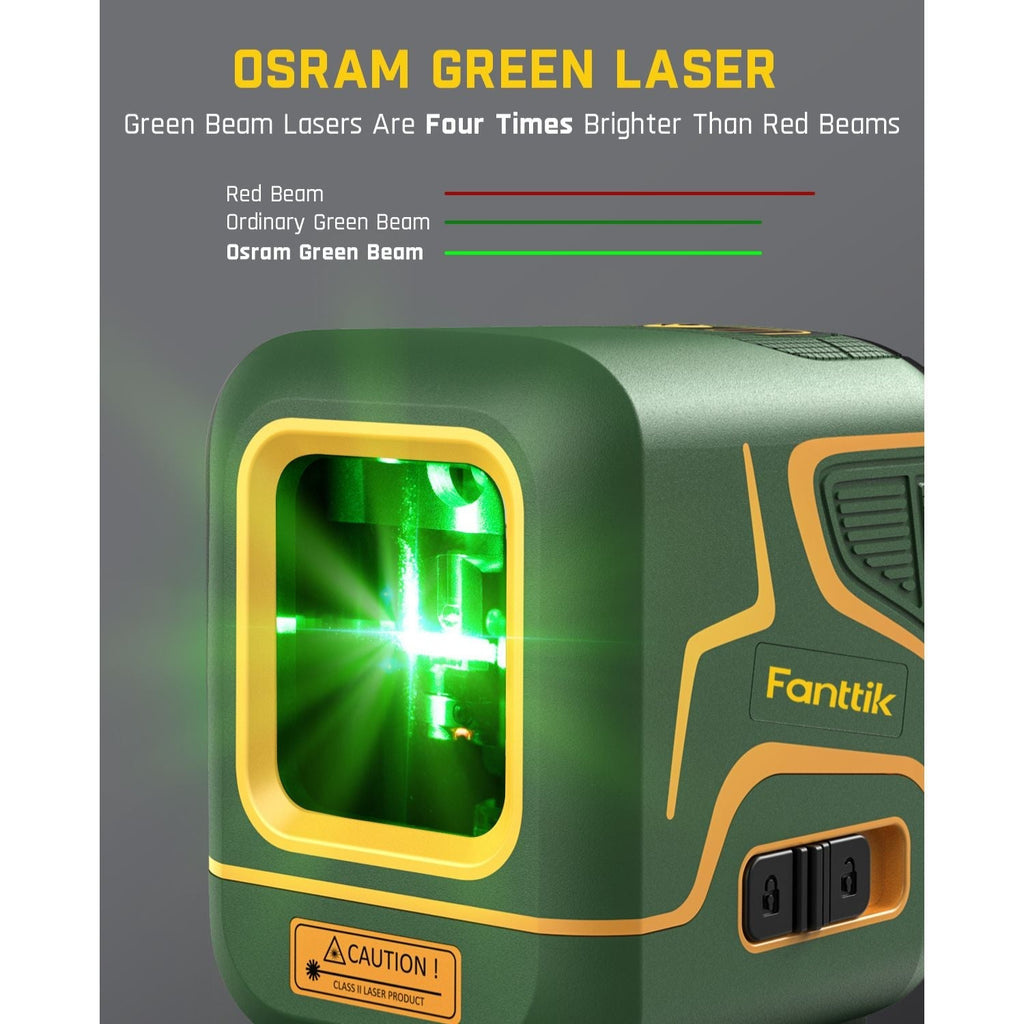 Fanttik D2 cross line laser level with bright Osram green laser technology. Compares beam brightness.