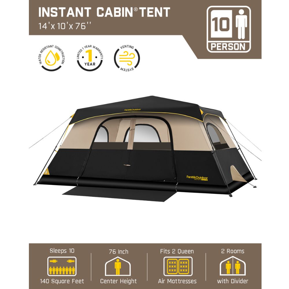 FanttikOutdoor Zeta C10 Pro 10 Person instant cabin tent, 14x10 ft, 76 inch height, sleeps 10, waterproof, 2 rooms