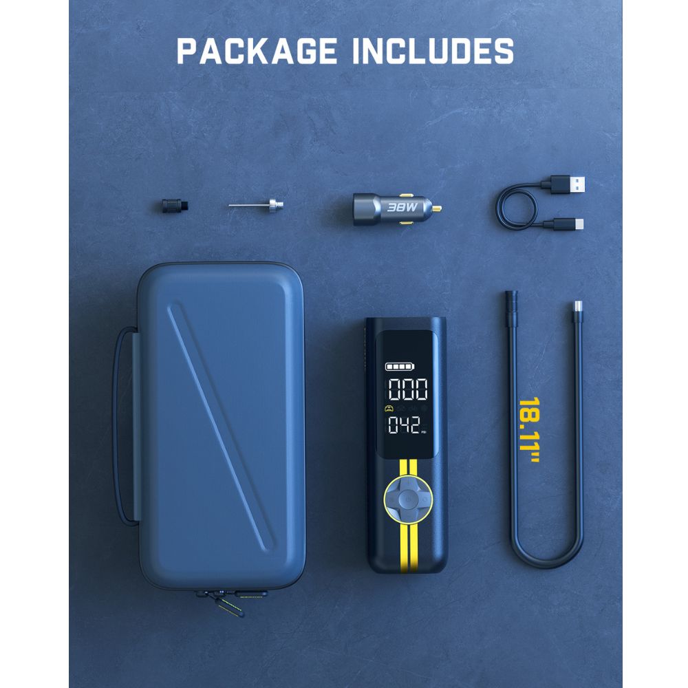 Fanttik X8 APEX EV Tire Inflator Deluxe Package contents: inflator, case, 38W charger, USB-C cable, and adapters.