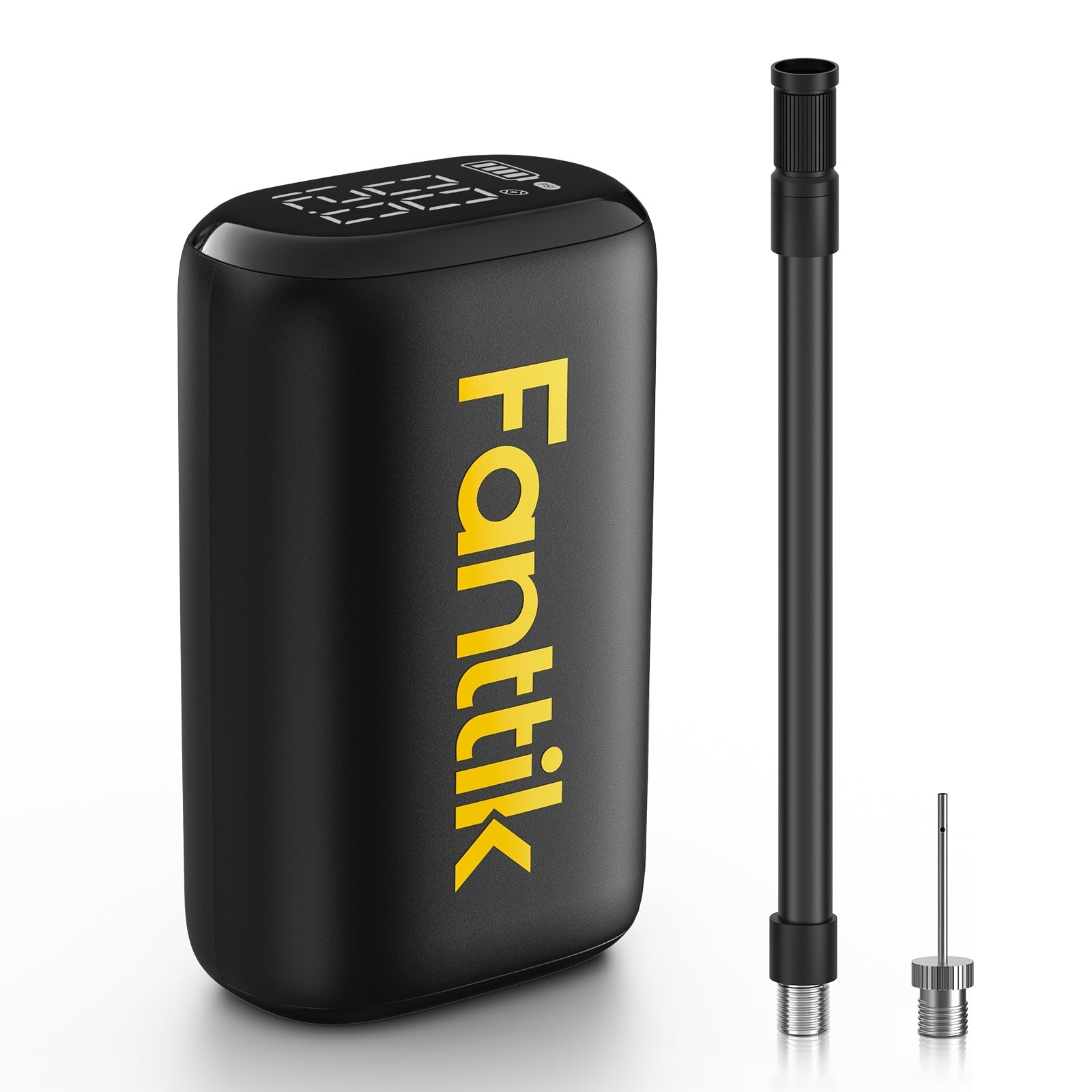 Fanttik X9 Nano electric ball pump with digital display, black hose, and ball needle adapter