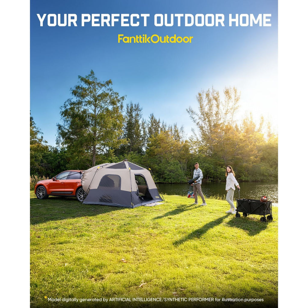 Camping scene with a tent, car, and people near a lake, featuring FantikOutdoor branding.
