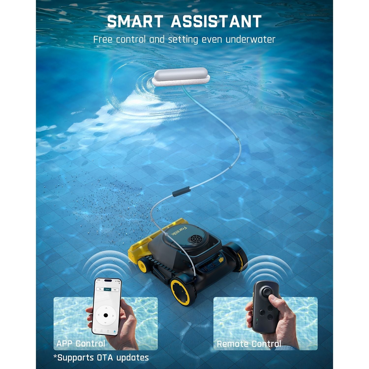Fanttik Aero X pool cleaner: smart assistant with app & remote control. Operates underwater.