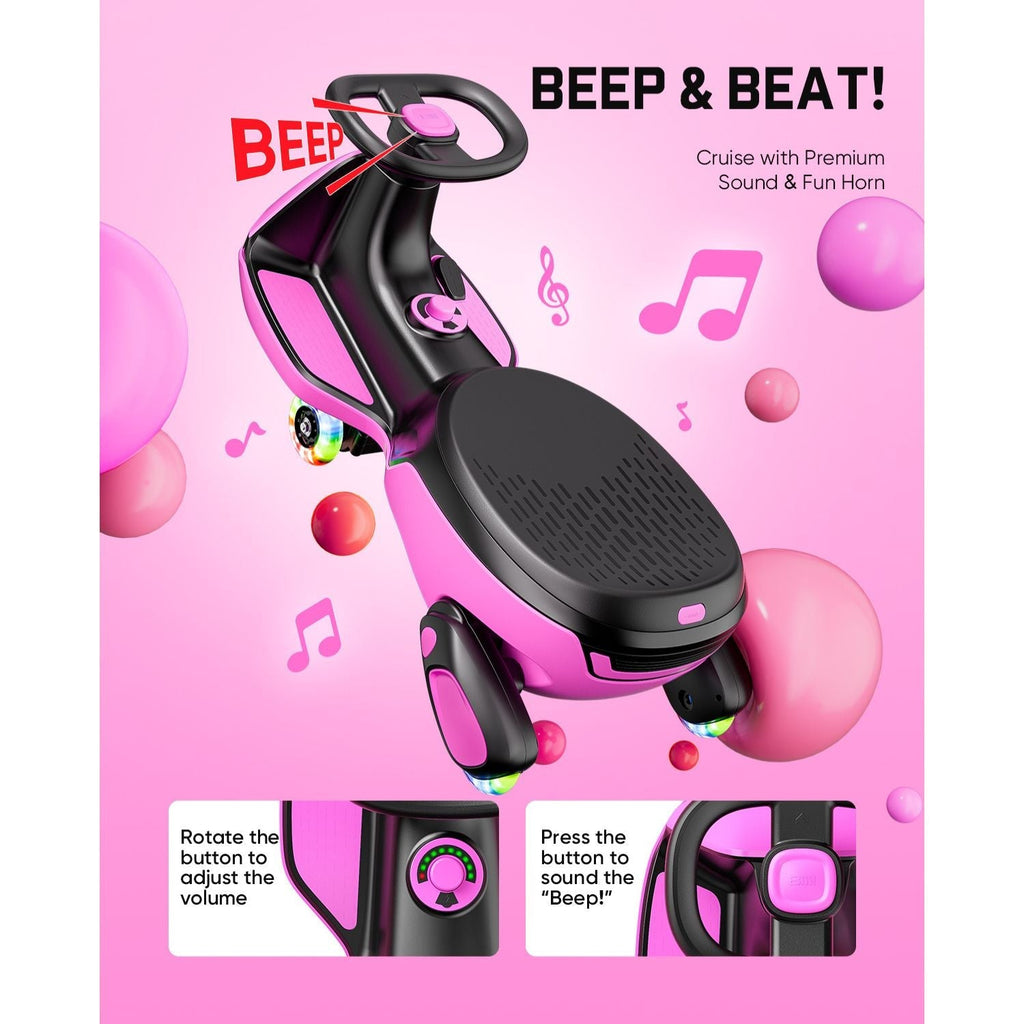 Pink FanttikRide N10 electric wiggle car with sound horn and volume control. Features 'BEEP & BEAT!' text.