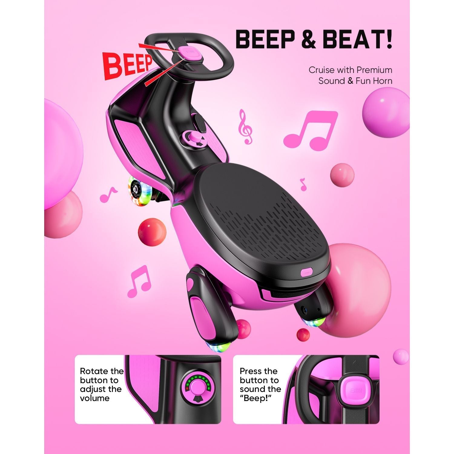 Pink FanttikRide N10 electric wiggle car with sound horn and volume control. Features 'BEEP & BEAT!' text.