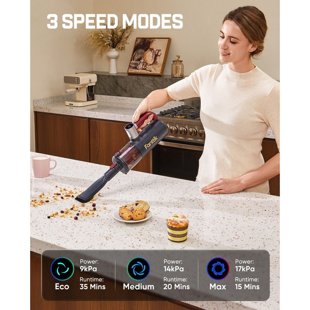 Fanttik Cruise V11 APEX cordless handheld vacuum cleaning kitchen crumbs, 3 speed modes shown