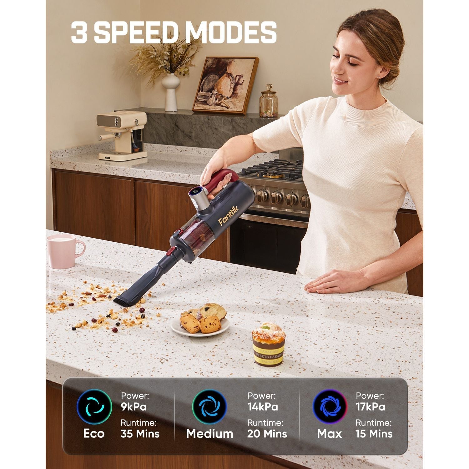 Fanttik Cruise V11 APEX cordless handheld vacuum cleaning kitchen crumbs, 3 speed modes shown