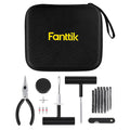 Fanttik 24pc universal tire repair kit: pliers, reamer, insertion tool, repair strips, valve stems in black case.