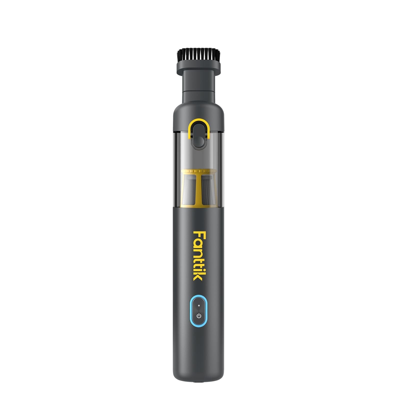 Fanttik Slim V8 Apex car vacuum in gray with brush attachment and visible dustbin.