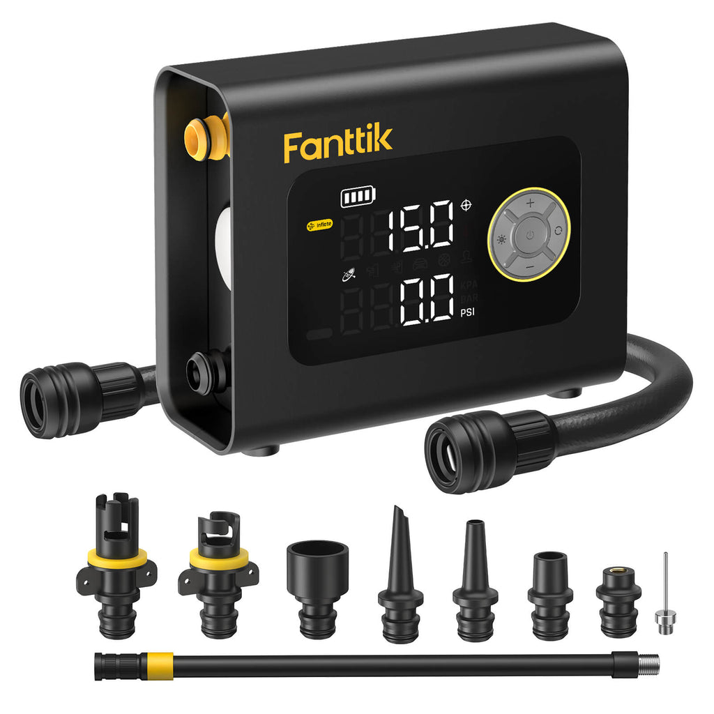 Fanttik X9 Cross paddle board air pump with digital display showing 15.0 PSI and various nozzle attachments.