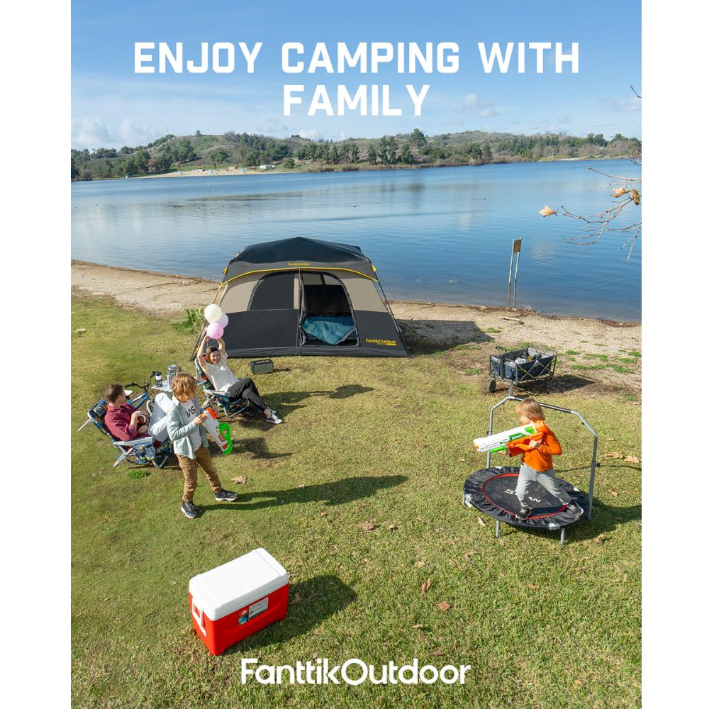 FanttikOutdoor Zeta C8 Pro 8 person camping tent set up by a lake with a family enjoying outdoor activities.