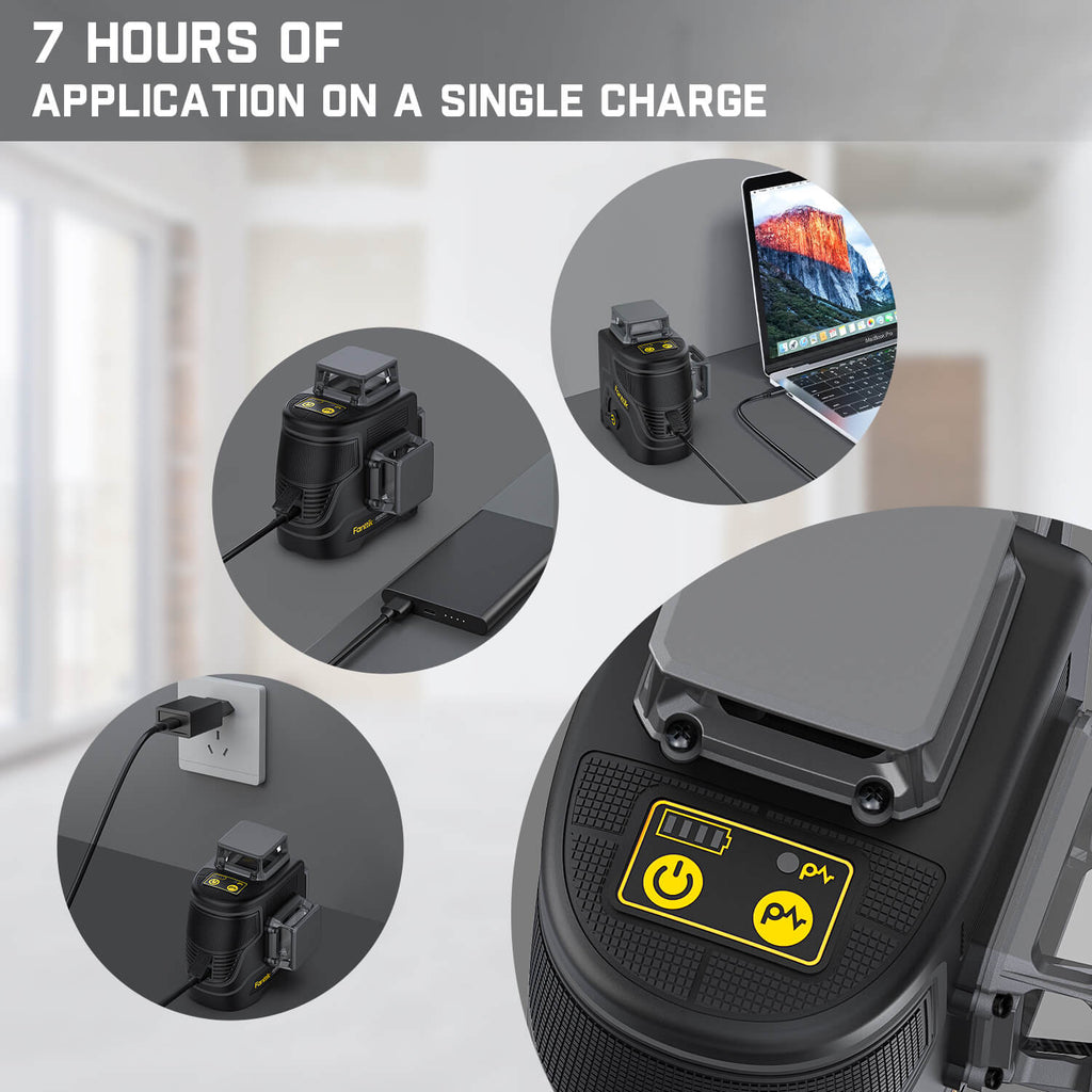 Fanttik D12 PLUS laser level charging with USB-C, power bank, and laptop, offering 7 hours of use on one charge.