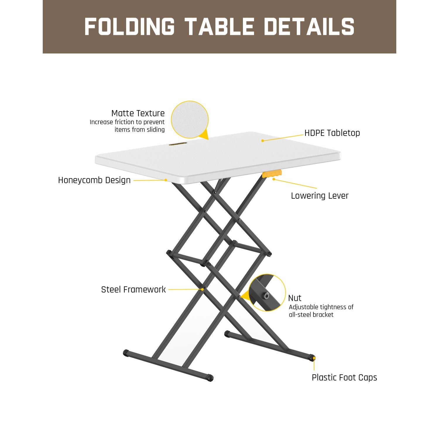 FanttikOutdoor Zeta X1 Apex folding table: HDPE tabletop, matte, honeycomb, steel frame, lowering lever, adjustable nut, plastic foot caps.