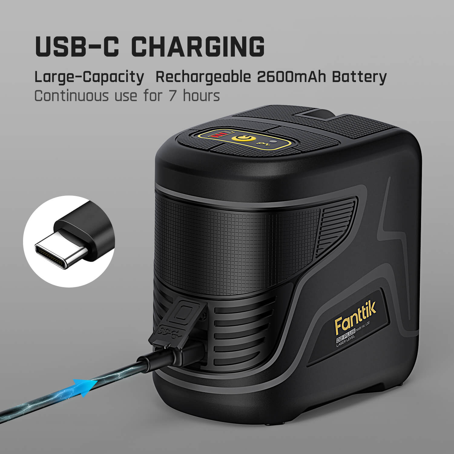 Fanttik D2 PLUS laser level charging via USB-C, 2600mAh battery provides 7 hours of use.