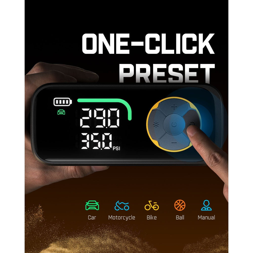 Fanttik X10 APEX tire inflator with one-click preset modes for car, motorcycle, bike, ball, and manual.