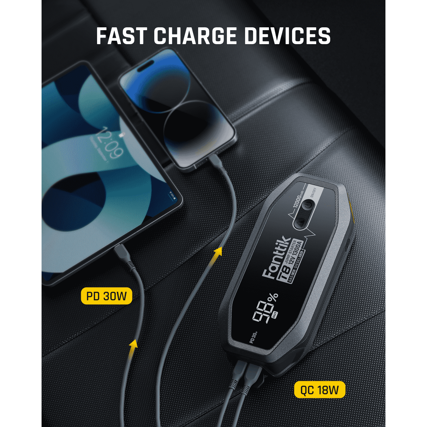 Fanttik T8 1300A jump starter fast charging tablet with PD 30W and smartphone with QC 18W.