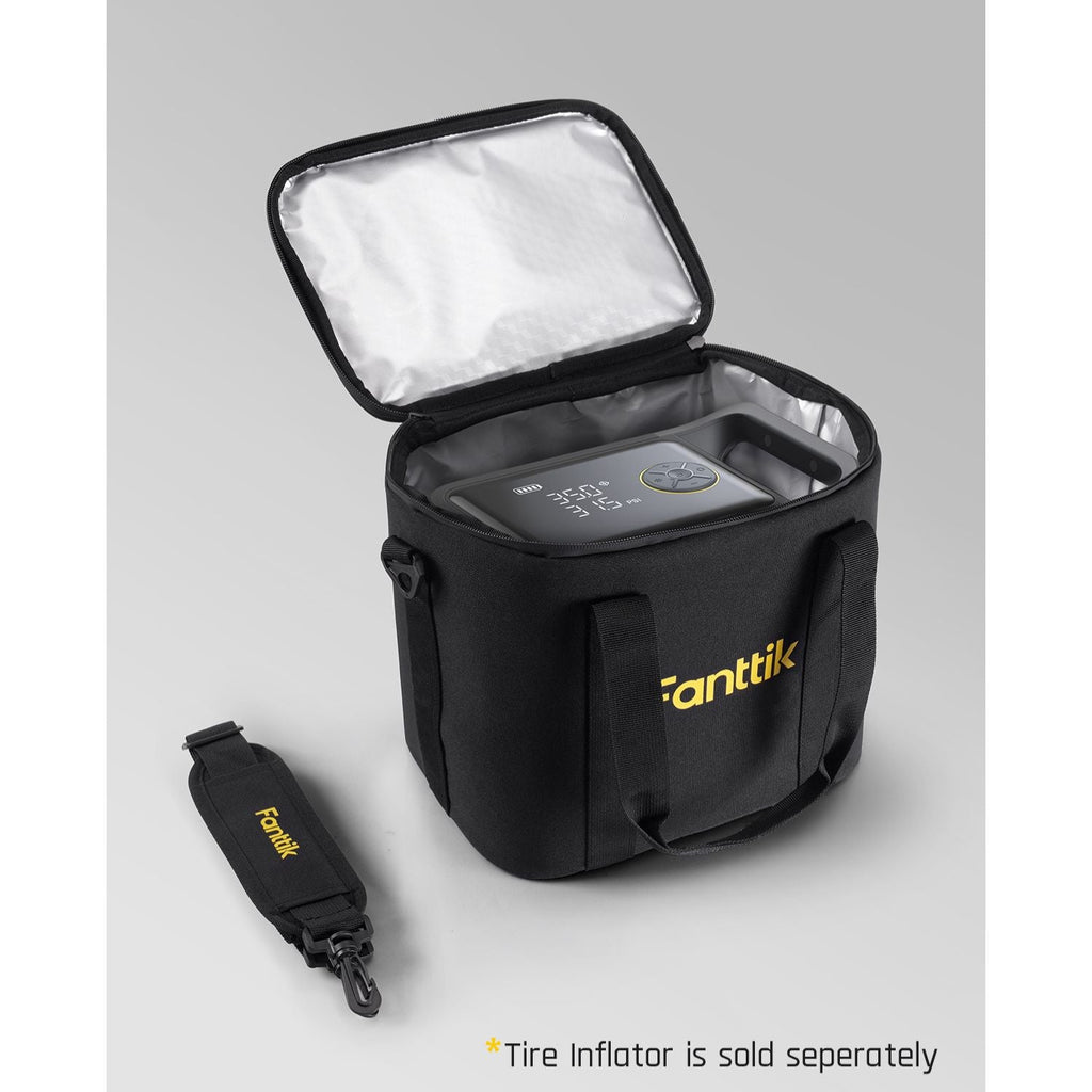 Black Fanttik carrying bag with padded interior and adjustable shoulder strap for X9 Ultra tire inflator.