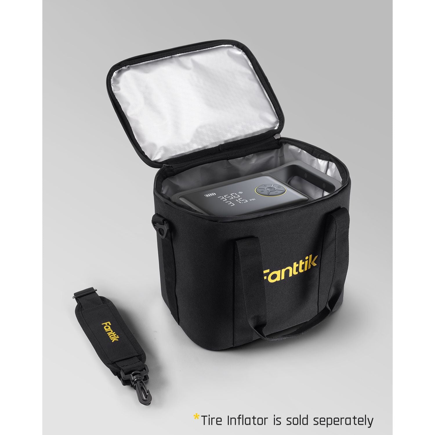 Black Fanttik carrying bag with padded interior and adjustable shoulder strap for X9 Ultra tire inflator.
