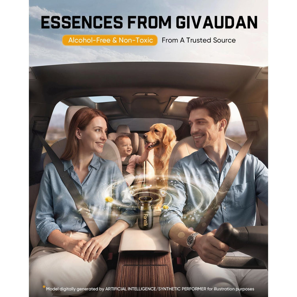 Family in a car with a dog, featuring Fanttik N10 Smart Car Air Freshener