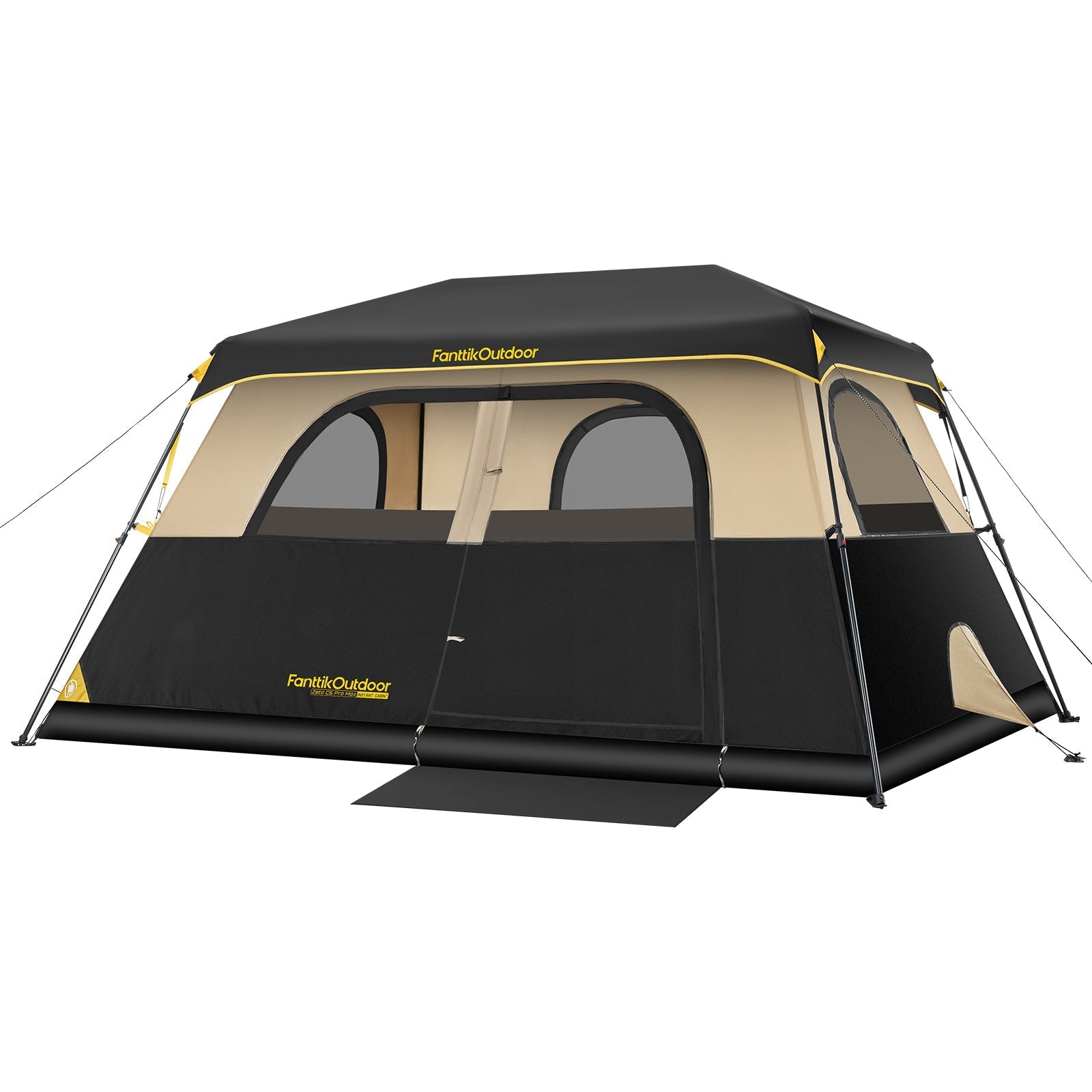 FanttikOutdoor Zeta C6 Pro Max 6-person camping tent with double roof, mesh windows, and yellow accents.