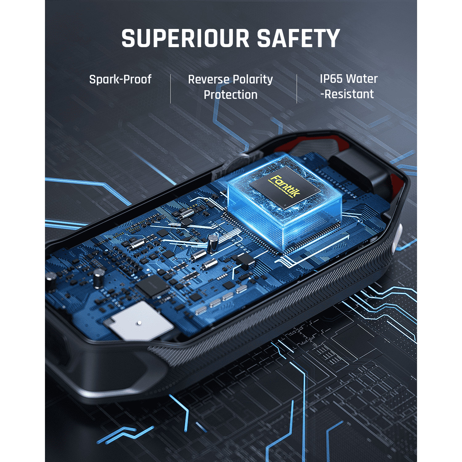 Fanttik T8 jump starter internal circuitry highlighting superior safety features: Spark-Proof, Reverse Polarity Protection, IP65 Water-Resistant.