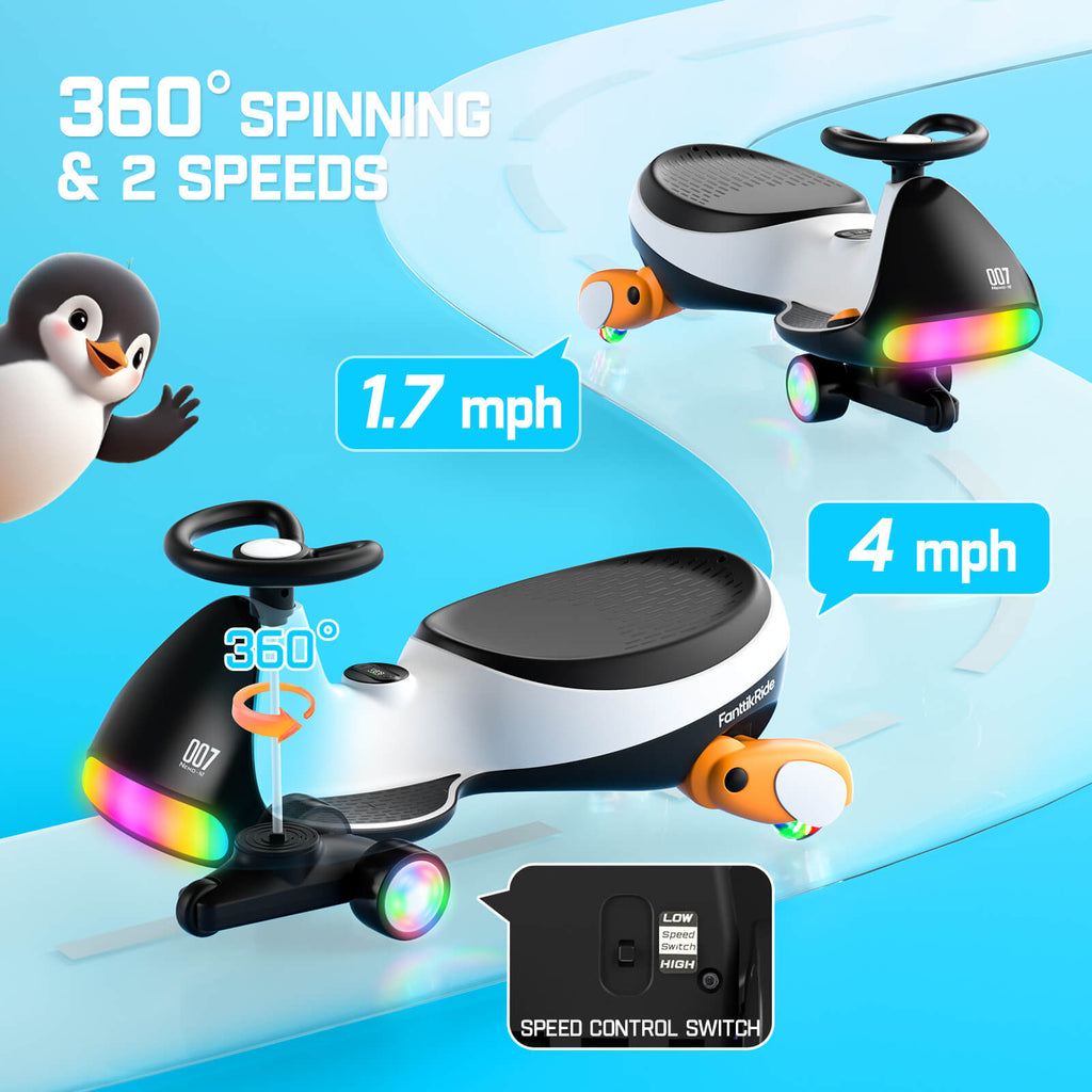 FanttikRide N7 Ultra electric wiggle car: 360° spin, 2 speeds (1.7/4 mph), speed switch. Features LED lights & penguin.