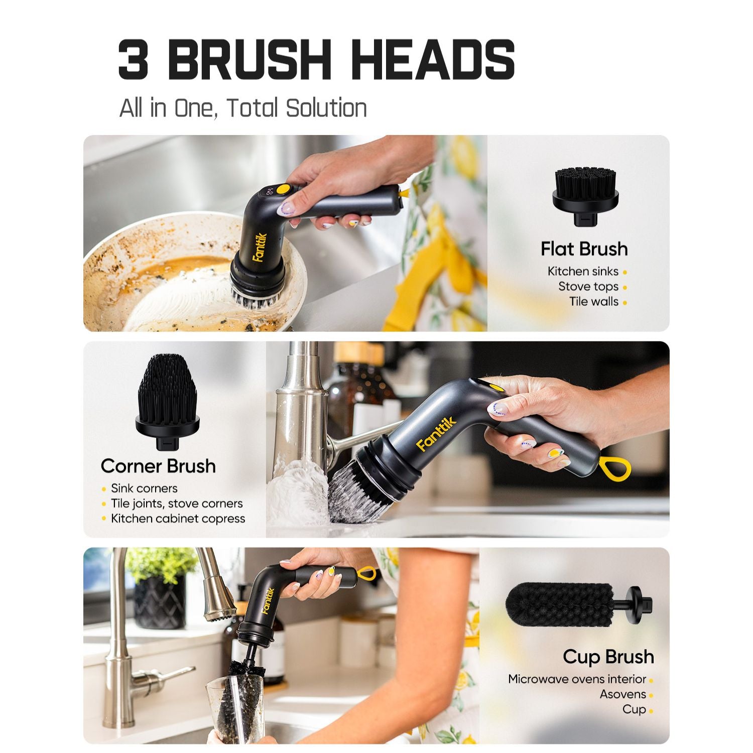 Fanttik 3 replacement brush heads set for G9 spin scrubber: flat, corner and cup brushes