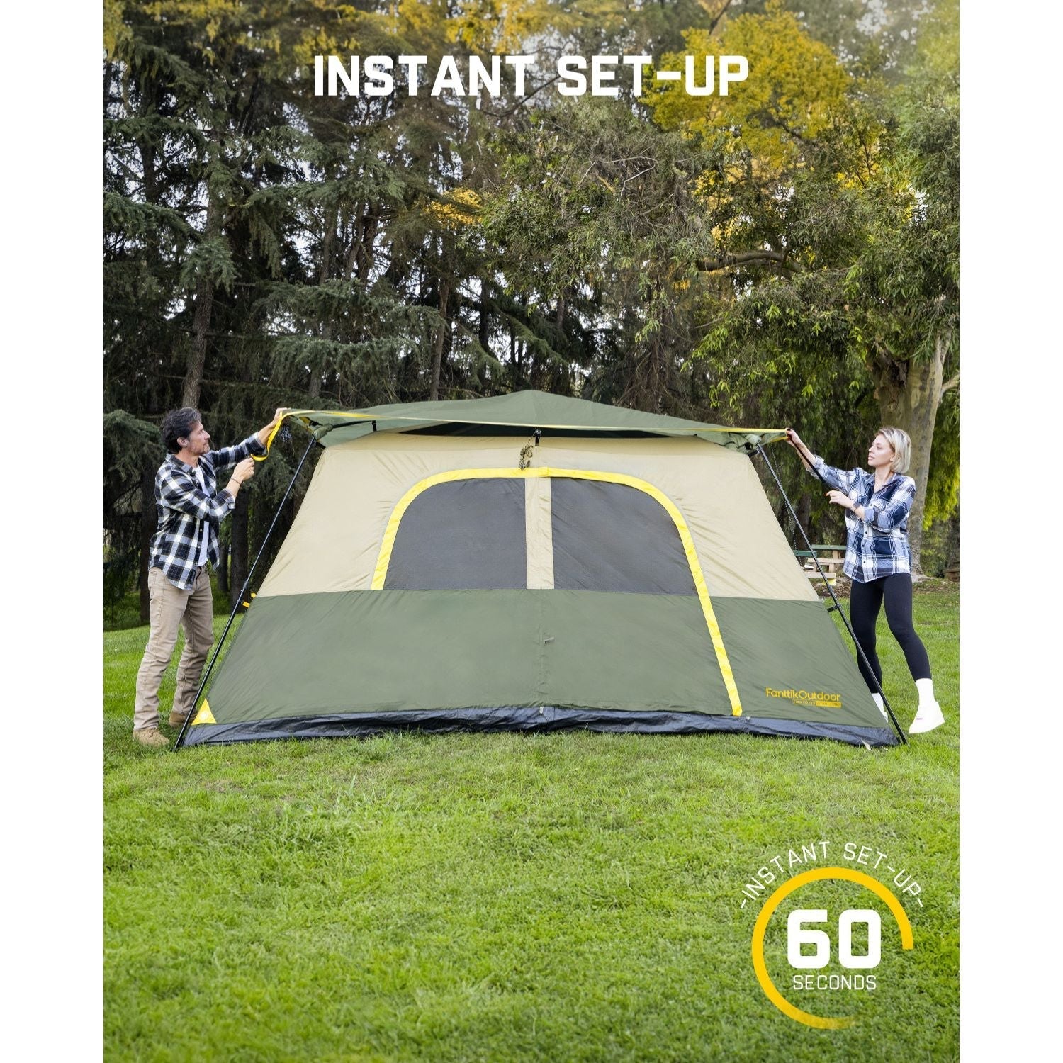 FanttikOutdoor Zeta C8 Pro 8 person tent: instant 60-sec setup, tan & green cabin style, large windows.