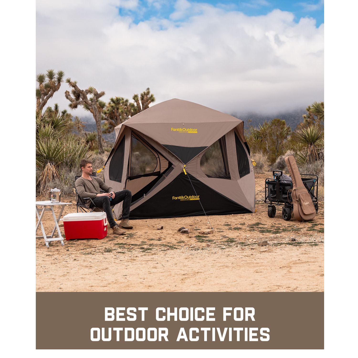 FanttikOutdoor Alpha C4 Ultra instant cabin tent set up in desert, with a man relaxing. Perfect for outdoor activities.