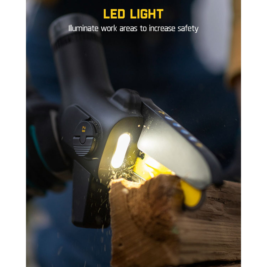 Fanttik W10 APEX mini chainsaw cutting wood with illuminated LED light for safety