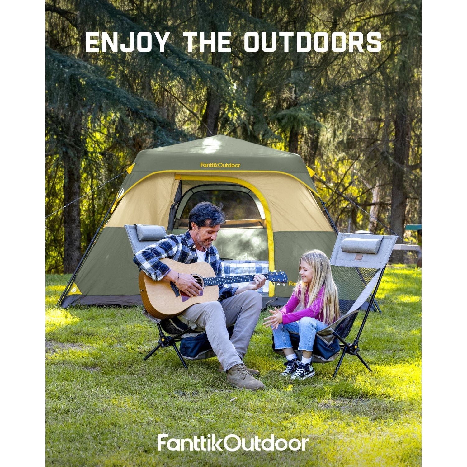 FanttikOutdoor Zeta C6 Pro camping tent set up with a man playing guitar and a girl relaxing in chairs.