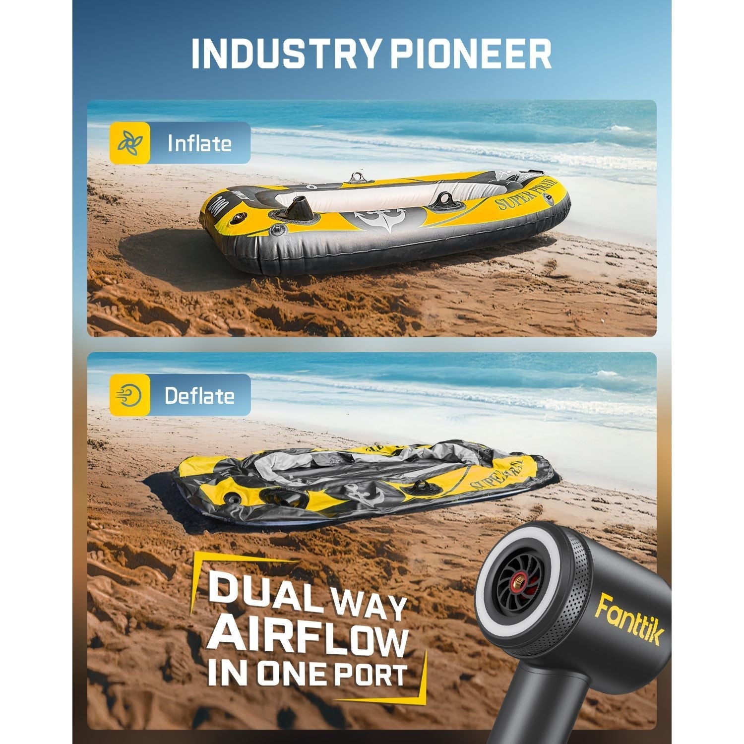 Fanttik X9 Classic tire inflator inflating and deflating an inflatable boat on the beach. Features dual way airflow.