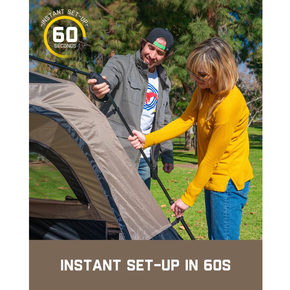 Couple setting up a tan FanttikOutdoor Zeta C4 Pro 4 person camping tent in 60 seconds.