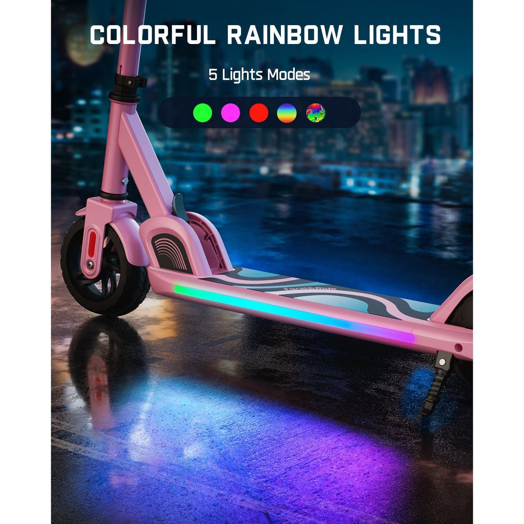 Pink FanttikRide C9 Pro electric scooter for kids with colorful rainbow LED lights on deck.