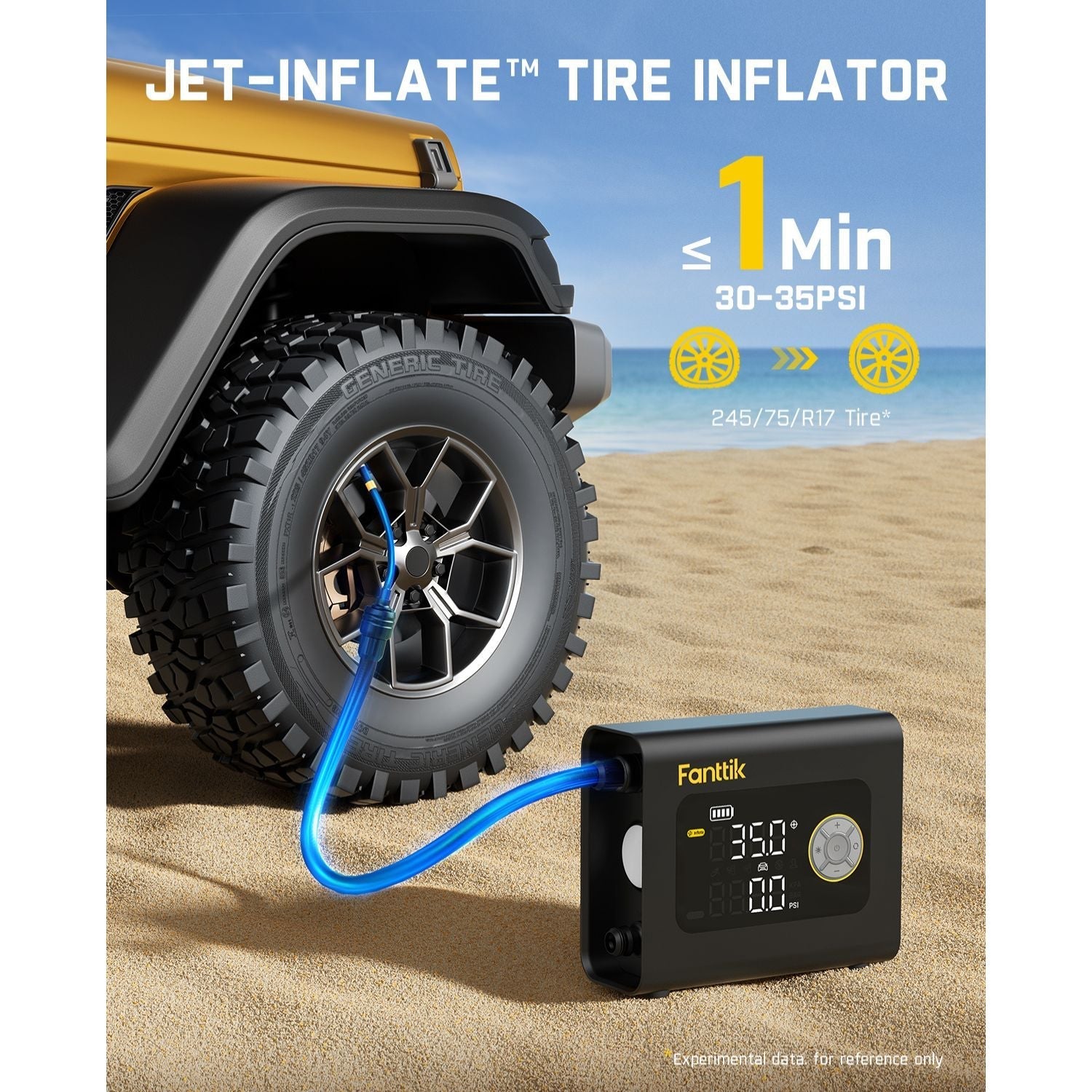 Fanttik portable tire inflator shown inflating a yellow Jeep Wrangler tire on a beach. Displays 35 PSI and "JET-INFLATE™".
