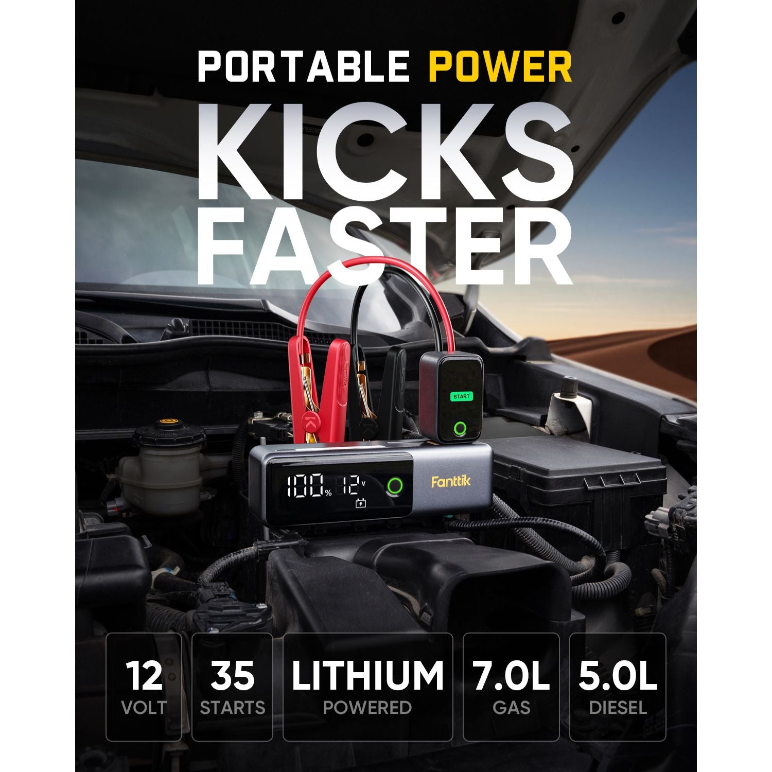 Fanttik portable jump starter in car engine bay with clamps, 12V lithium powered, 35 starts